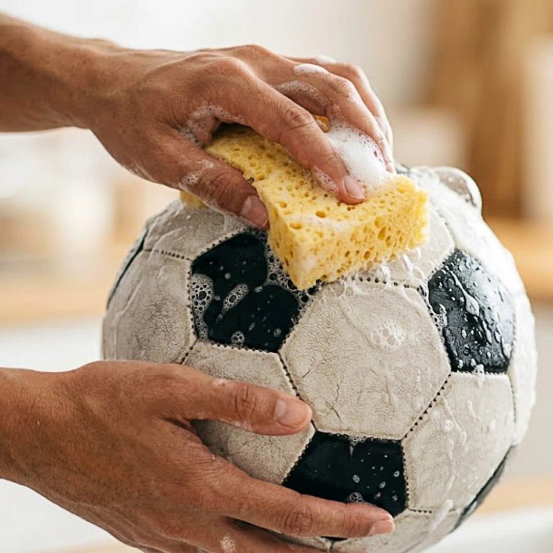 Limpando a bola com esponja suave