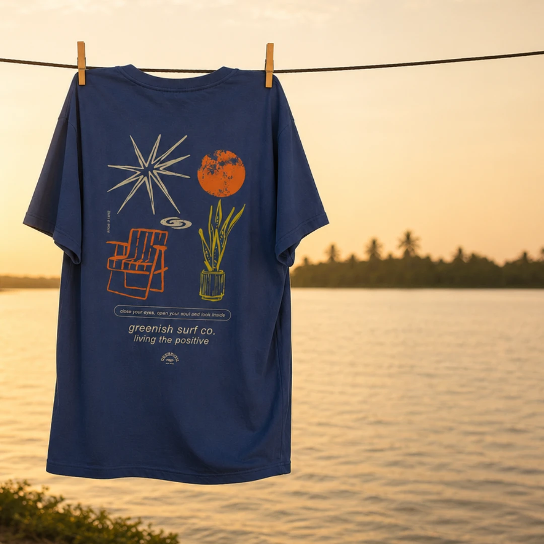 Camiseta azul com estampa nas costas no varal ao pôr do sol