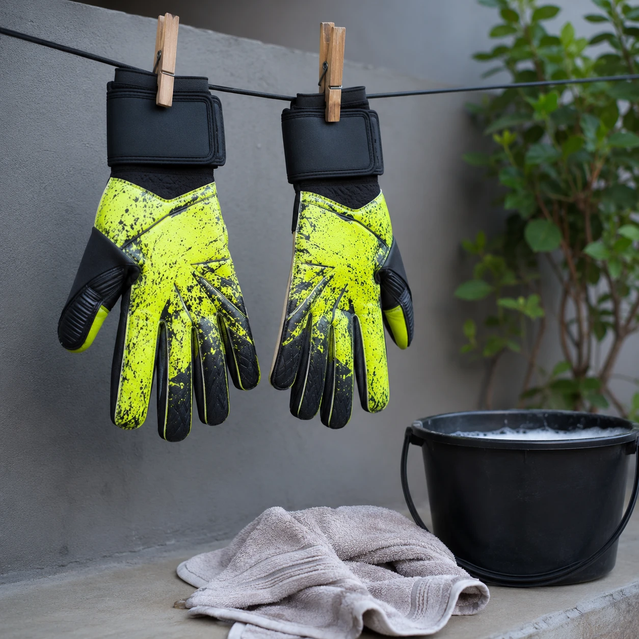 Luvas de goleiro secando na sombra