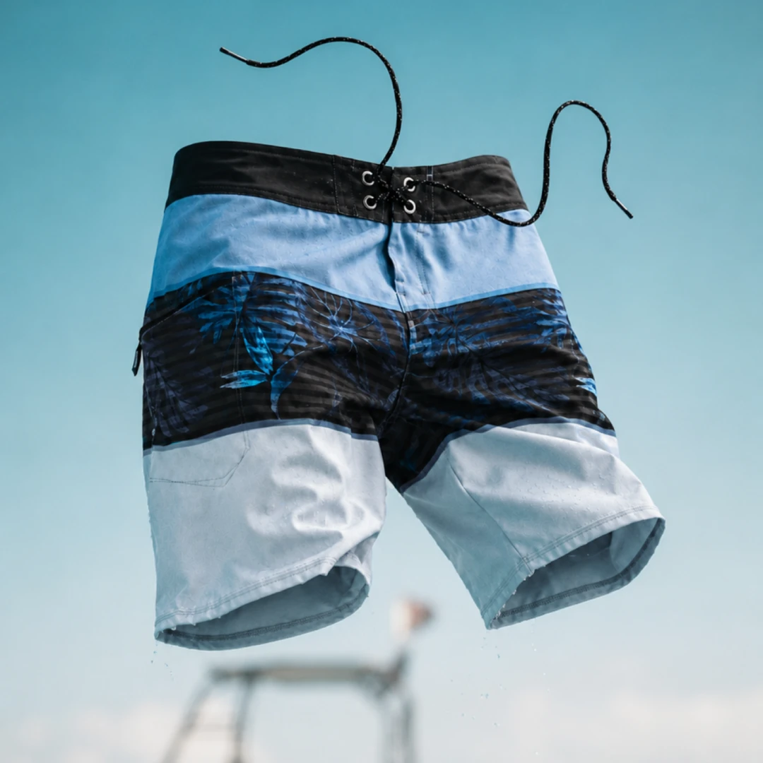 Boardshort azul de alta performance flutuando sobre o mar